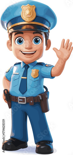 Cartoon police officer, friendly character, waving hand, blue uniform, smiling face, law enforcement, children education, vector art, public safety, approachable design