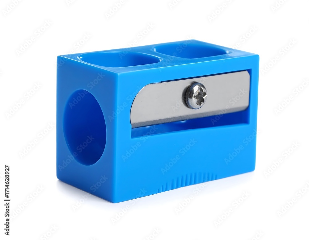 Obraz premium Blue plastic pencil sharpener isolated on white