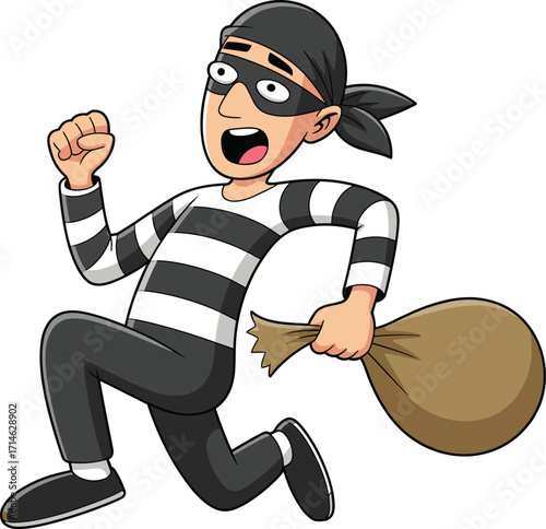 Cartoon thief running with sack, burglar in striped outfit, funny criminal character, masked man escaping, humorous robbery illustration, vector art