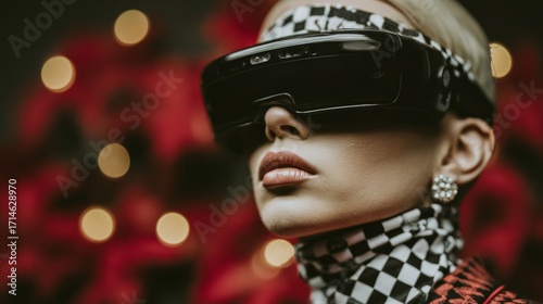 Fashionable woman wearing futuristic VR headset in front of blurred Christmas lights and red festive background, combining cutting-edge technology with high-fashion aesthetic for a bold, modern holida
