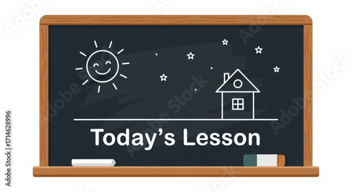 Back to school chalkboard with sun stars house and today's lesson for education and learning design