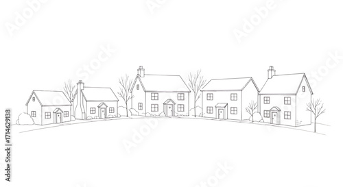 Minimalist architectural sketch of a suburban residential row of houses with pitched roofs, simple outlines, and green space on a horizon line.