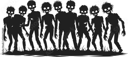 Cartoon zombie silhouettes, glowing eyes, horror illustration, Halloween undead characters, creepy group design, stylized monsters, spooky scene,