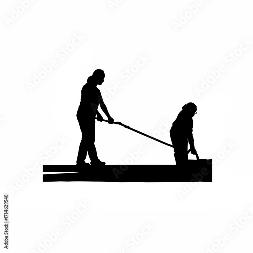 Silhouette of construction worker pulling screed tool isolated on white background