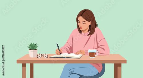 Focused young woman thoughtfully journaling ideas and goals with coffee nearby, capturing moments of creative productivity and personal reflection in a calm, modern setting