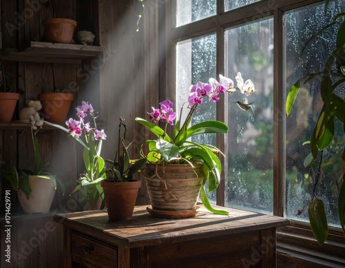 Sunlit Greenhouse Serenity: Orchids, Hummingbird, and Dusty Windowpanes