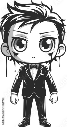 Chibi cartoon character, black tuxedo, surreal ink drip, spooky cute style, formal outfit, eerie fashion, monochrome vector, stylized illustration