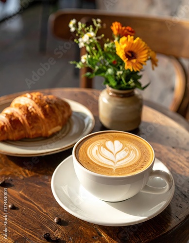 Sunlit Latte Art: Croissant and Flowers on Rustic Table