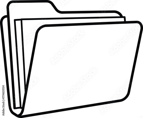 A simple black and white line drawing of an open file folder with several pages inside.