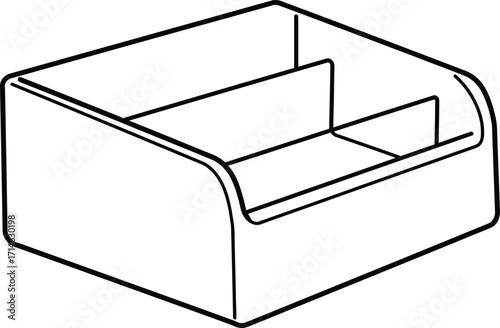 A simple line drawing of a two-compartment desk organizer for business cards or small office supplies.