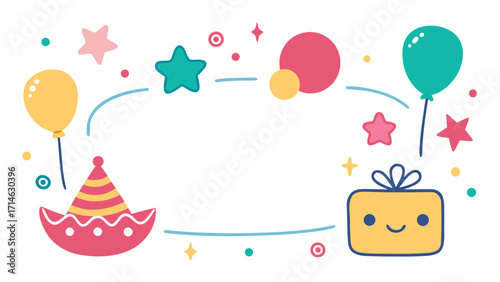 Cute Kids Birthday Place Cards Vector – Hand-Drawn Crayon Style with Balloons, Cake and Blank Space for Name