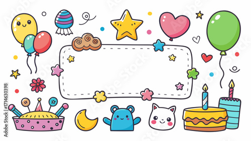 Cute Kids Birthday Place Cards Vector – Hand-Drawn Crayon Style with Balloons, Cake and Blank Space for Name