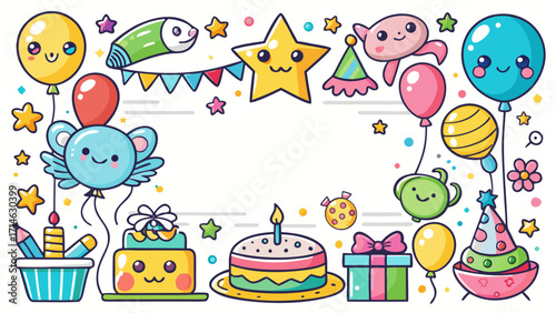 Cute Kids Birthday Place Cards Vector – Hand-Drawn Crayon Style with Balloons, Cake and Blank Space for Name