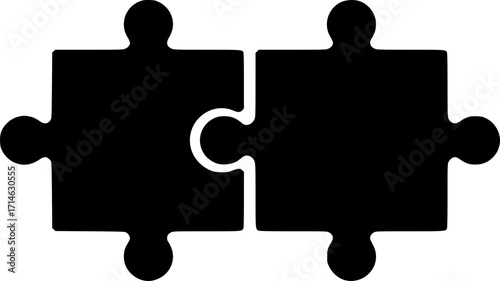 two black jigsaw puzzle pieces fitting together on a white background, simple, minimalist, high contrast, clean lines, vector