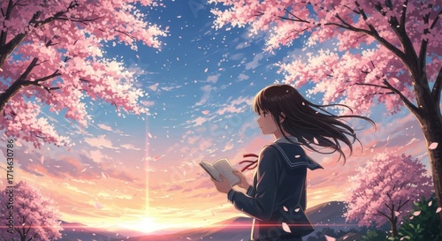 Anime Girl Reading Under Cherry Blossoms at Sunset: Serene Scene