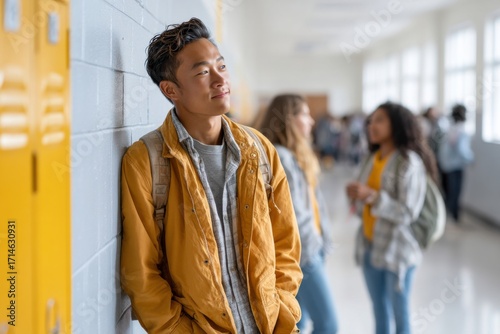 Teenage boy stands alone in lively hallway, reflecting in crowd of cheerful classmates