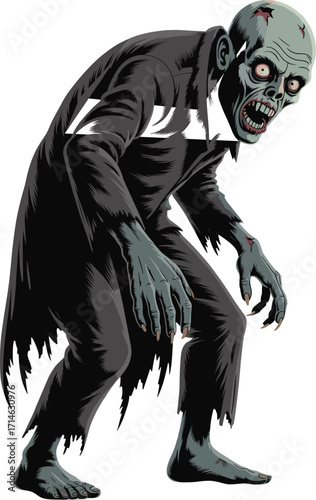 Creepy zombie cartoon character, horror undead illustration, scary Halloween monster, green skin, tattered suit, spooky claws, editorial vector art