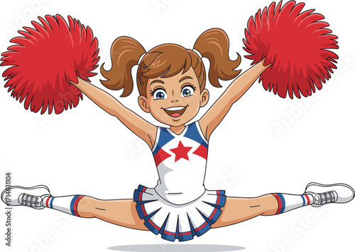 Energetic cheerleader jumping, cartoon style, red pom-poms, white uniform, blue accents, athletic pose, sports spirit, dynamic motion, school event, celebration