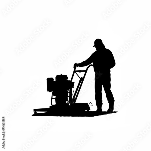 Silhouette of construction worker operating vibrating screed isolated on white background