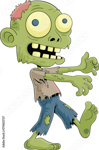Funny cartoon zombie character with green skin, big eyes, and tattered clothes walking, perfect for Halloween, games, or animation projects.