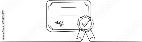 Award badge continuous line art drawn. Approval check sign. Certificate contour line. Vector illustration isolated on white.
