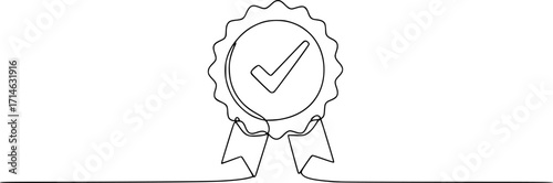 Award badge continuous line art drawn. Approval check sign. Certificate contour line. Vector illustration isolated on white.

