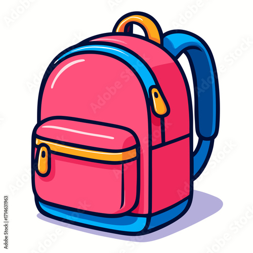 Bright pink school backpack vector illustration with blue straps and yellow zipper 
