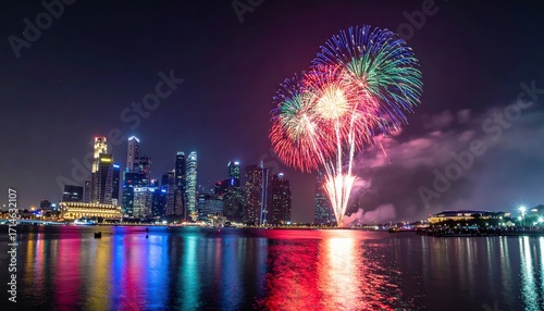 Vibrant Fireworks Display over Singapore's Skyline at Night
