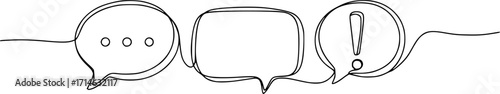 Speech bubbles with question and exclamation mark continuous one line drawing. Chat linear symbol. Dialogue sign. Vector illustration isolated on white. 