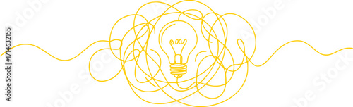 Chaotic lines with lightbulb continuous line drawing. Creative idea process. Mental health concept. Problem solving and idea search symbol. Vector illustration isolated on white.
