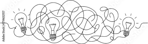 Chaotic lines with lightbulb continuous line drawing. Creative idea process. Mental health concept. Problem solving and idea search symbol. Vector illustration isolated on white.