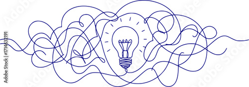 Chaotic lines with lightbulb continuous line drawing. Creative idea process. Mental health concept. Problem solving and idea search symbol. Vector illustration isolated on white.