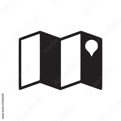 Illustration of a simple map icon the map is folded and has a location pin on it the icon is black and the background is white it is a minimalist design