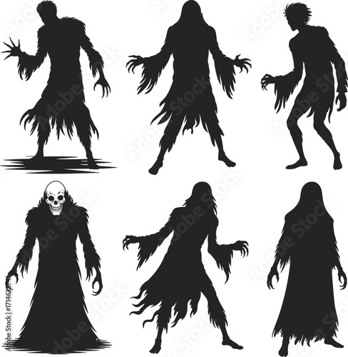 Haunted silhouettes, horror monsters, ghostly figures, creepy shadows, eerie poses, Halloween spirits, dark creatures, supernatural beings, spooky silhouettes,