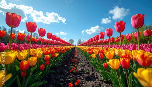 Vibrant Tulip Field: A Sun-Drenched Pathway of Red, Yellow, and Pink Blossoms