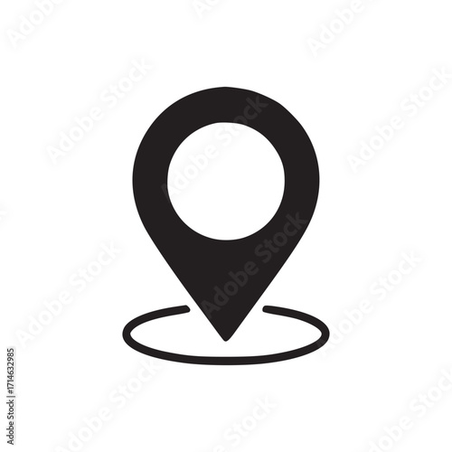 Illustration of a simple location pin icon the pin is circular with a pointed bottom and a circle inside the icon is black and the background is white