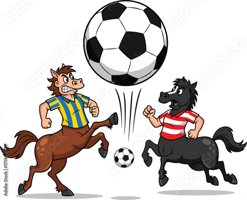 Two centaurs play soccer with a large ball