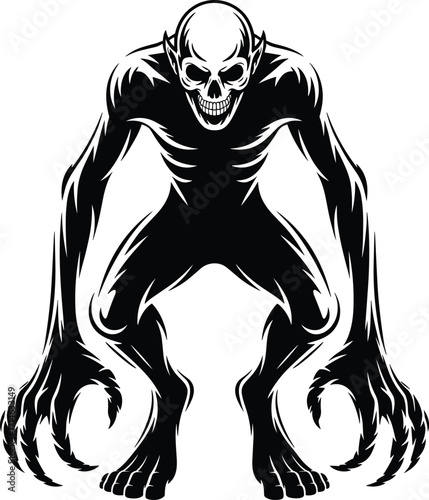 Monstrous creature illustration, horror character, scary humanoid, black and white drawing, fantasy monster, clawed beast, eerie sketch, nightmare figure