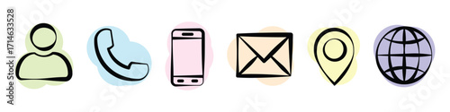 Contact icons. Creative colourful icon set containing phone, email, location and web symbol for website, app or business card. Transparent vector and PNG