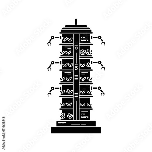 Automated vertical farming tower with multiple robotic arms for efficient, high-density crop production in a controlled environment.