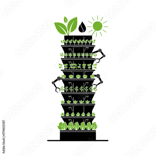 Automated vertical farming system with robotic arms, promoting sustainable and efficient modern agriculture under a controlled environment.