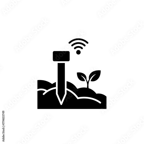 A smart soil sensor with wireless connectivity monitoring ground conditions next to a growing sprout.