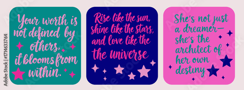 Modern pop art vector with vibrant teal, pink, and navy colors. Features motivational handwritten quotes with stars, bold rounded squares, and playful lettering. Style: youthful, inspirational.