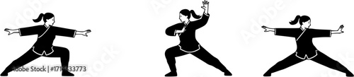 Woman training kung fu. Set of four drawings
