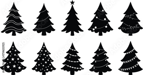 Christmas tree silhouette set, black and white vector icons, festive holiday design, decorated pine trees, star topper, ornaments, minimalist style, seasonal clipart, winter theme, graphic elements