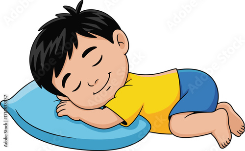 Sleeping child cartoon, peaceful toddler nap, bedtime illustration, cute boy resting, dreamy sleep concept, pillow, moon, stars, relaxation vector