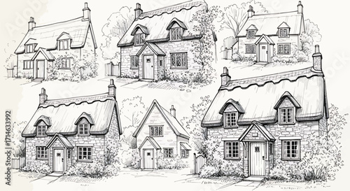 Detailed hand-drawn collection of fairy tale style cottages with chimneys, curved roofs, and charming garden settings in whimsical village illustration.