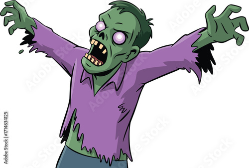 Terrifying cartoon zombie character with glowing eyes, tattered purple shirt, raised arms, perfect for Halloween, horror games, and animations.
