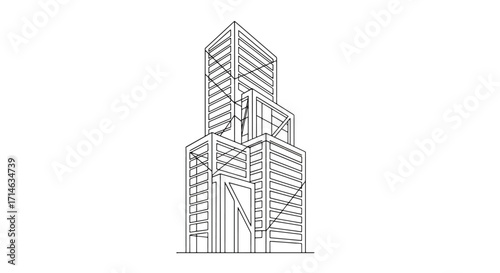 Architectural sketch of futuristic high-rise tower with layered structures, geometric forms, and sharp outlines representing modern cityscape innovation.