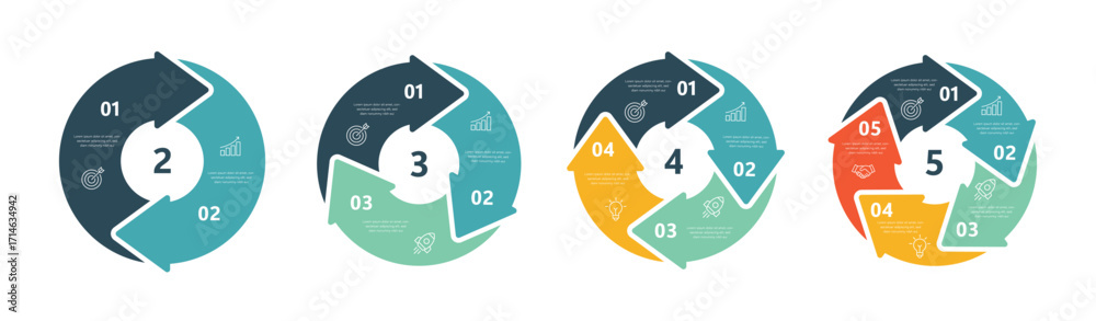 Circle arrows diagram infographic set. Circular arrows with 2-5 steps, options. Process chart, cycle diagram for business presentation, report, brochure.